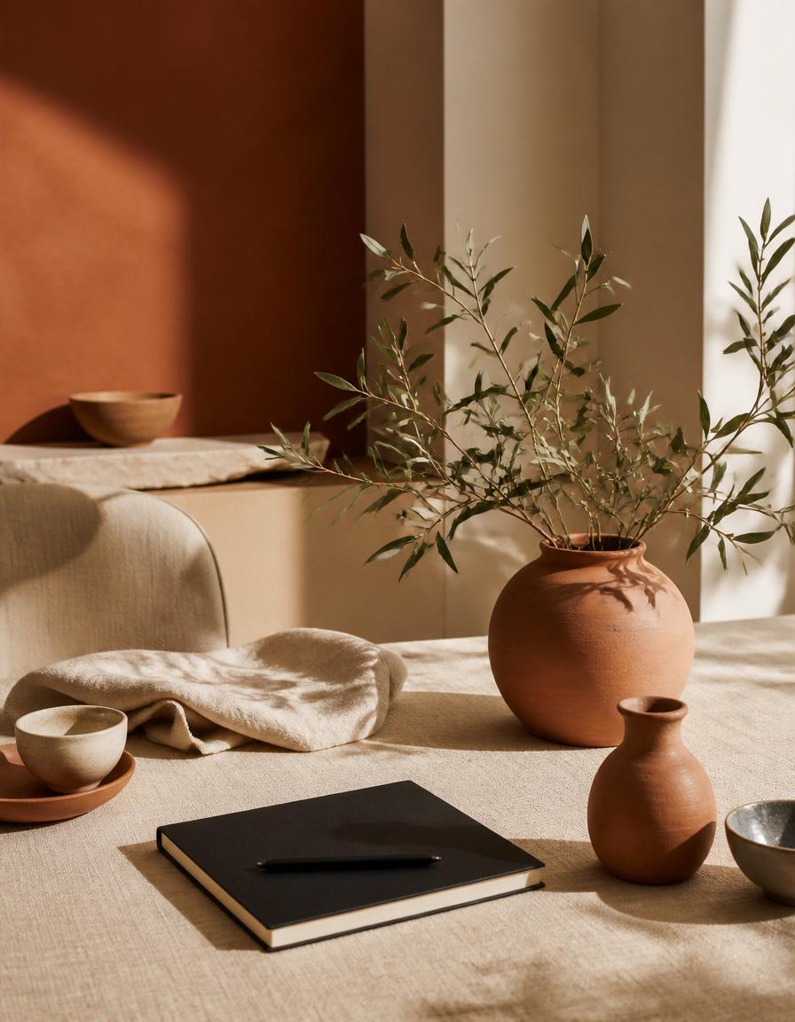 Warm editorial brand scene with terracotta and linen